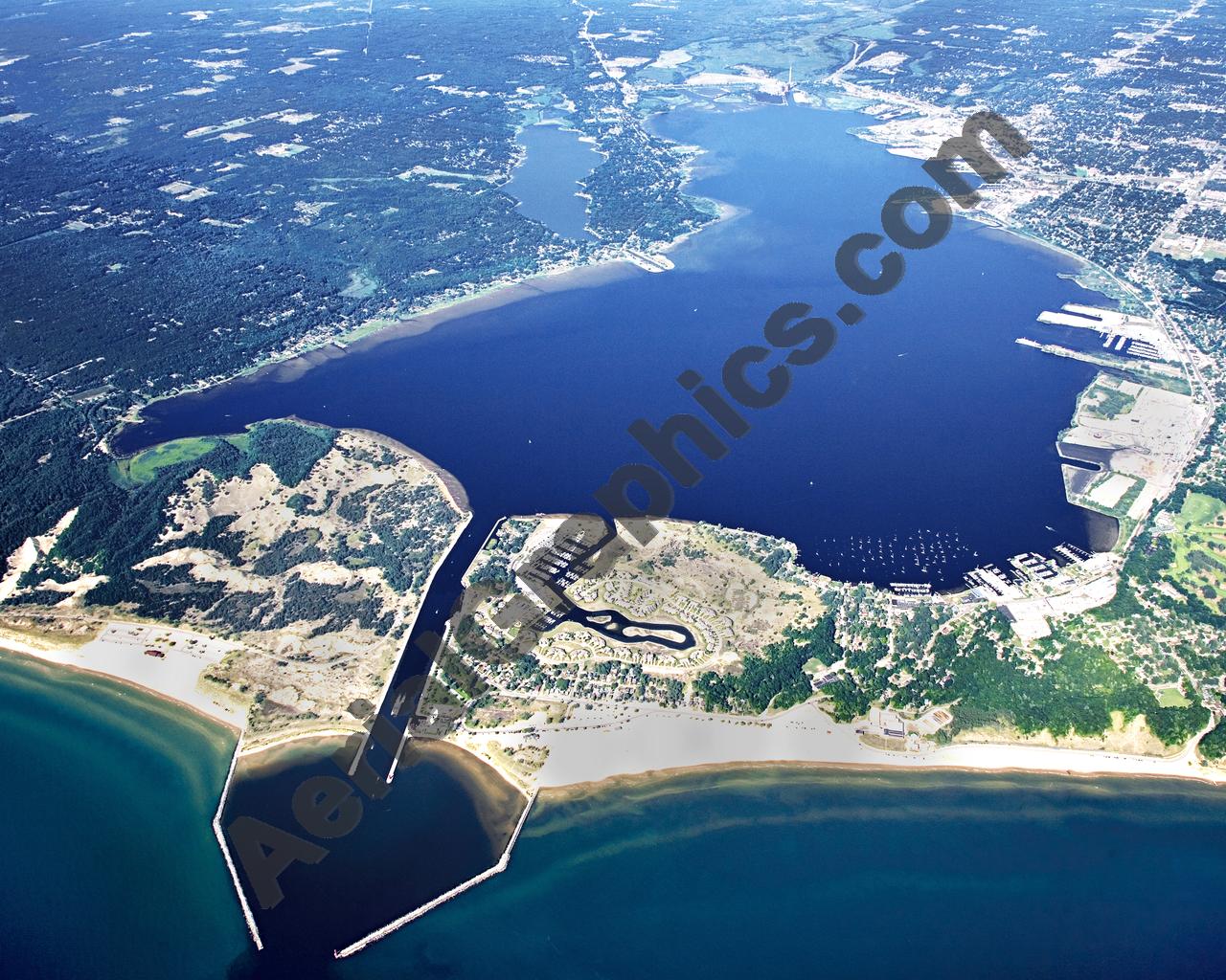 Aerial image of [5066] Muskegon Lake (Looking East) in Muskegon, MI with Canvas Wrap frame