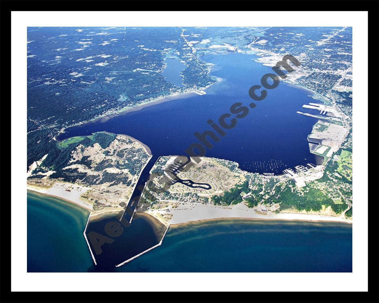 Aerial image of [5066] Muskegon Lake (Looking East) in Muskegon, MI with Black Metal frame