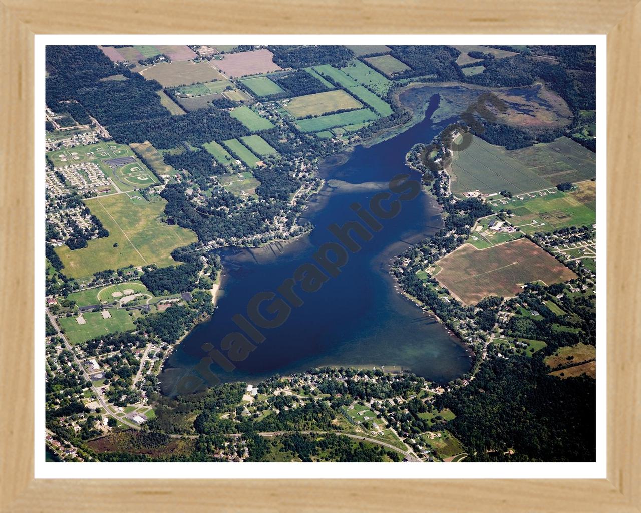 Aerial image of [5106] Long Lake in Kalamazoo, MI with Natural Wood frame