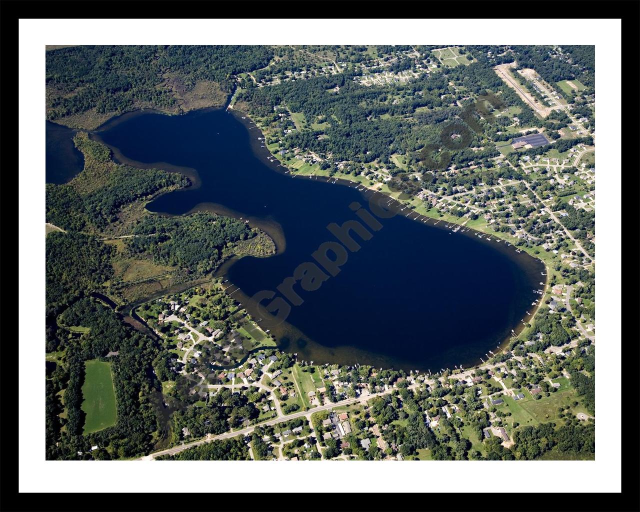 Aerial image of [5108] Gourdneck Lake in Kalamazoo, MI with Black Metal frame