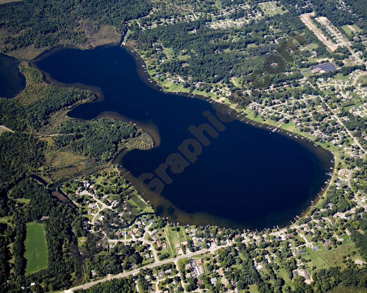 Aerial image of [5108] Gourdneck Lake in Kalamazoo, MI with Canvas Wrap frame