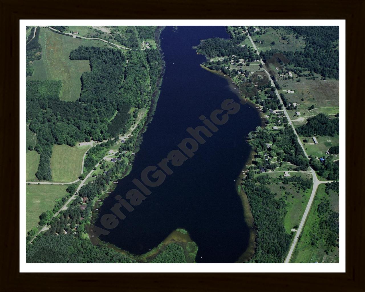 Aerial image of [53] Ben-way Lake in Antrim, MI with Black Wood frame