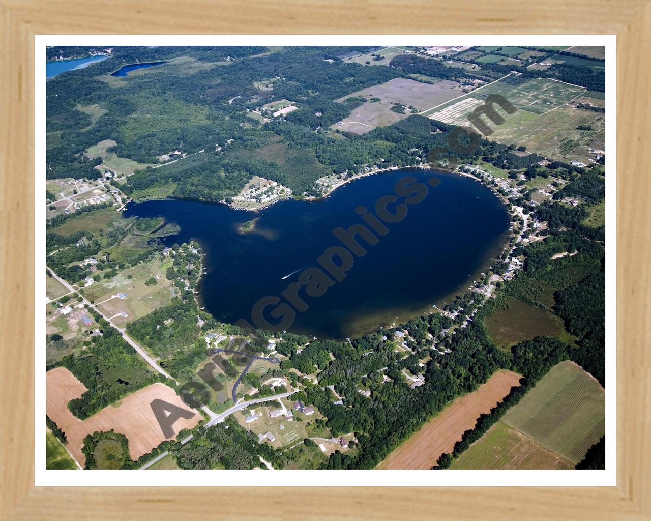 Aerial image of [5428] Bass Lake in Kent, MI with Natural Wood frame