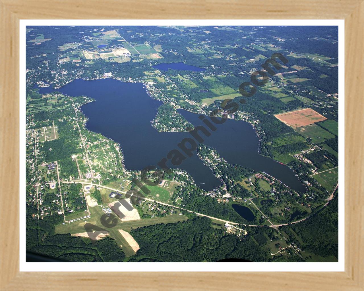 Aerial image of [5433] Paw Paw Lake in Berrien, MI with Natural Wood frame