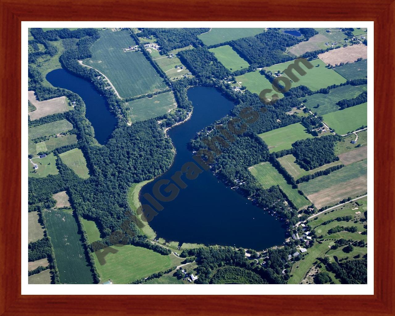 Aerial image of [5434] Selkirk Lake in Allegan, MI with Cherry Wood frame