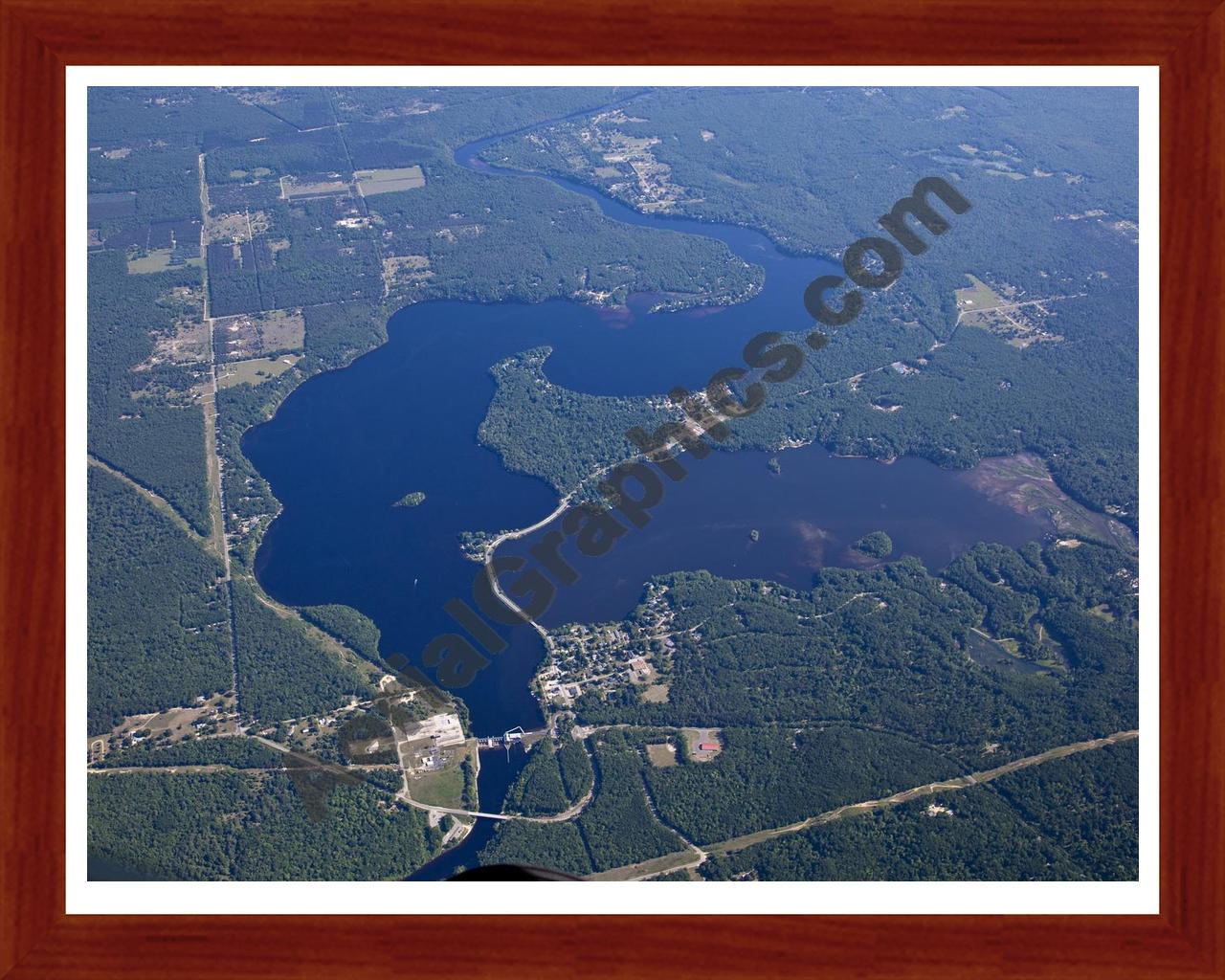 Aerial image of [5502] Croton Dam Pond in Newaygo, MI with Cherry Wood frame