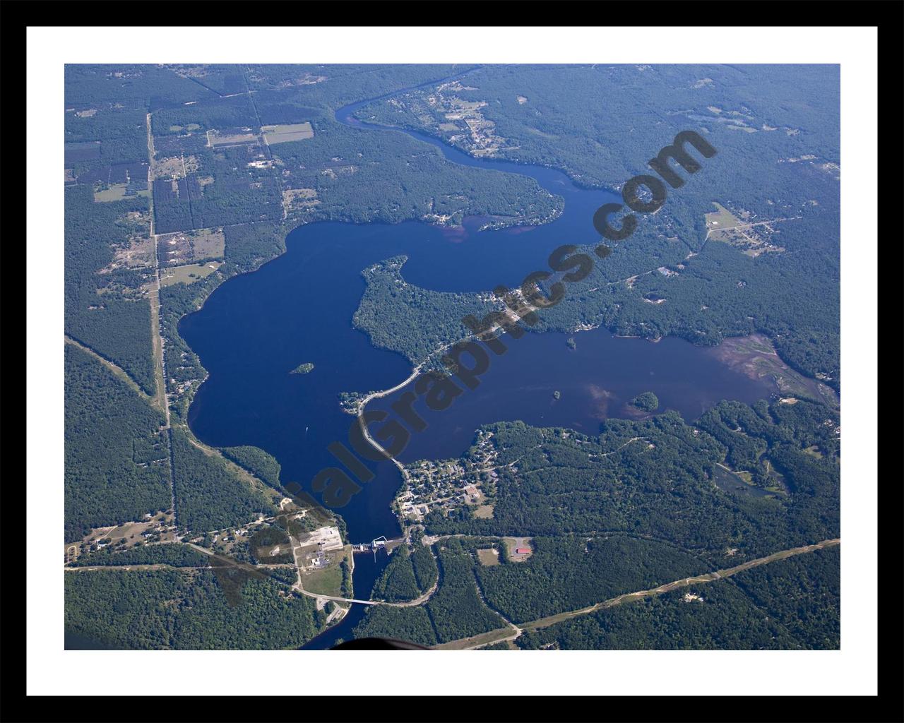 Aerial image of [5502] Croton Dam Pond in Newaygo, MI with Black Metal frame