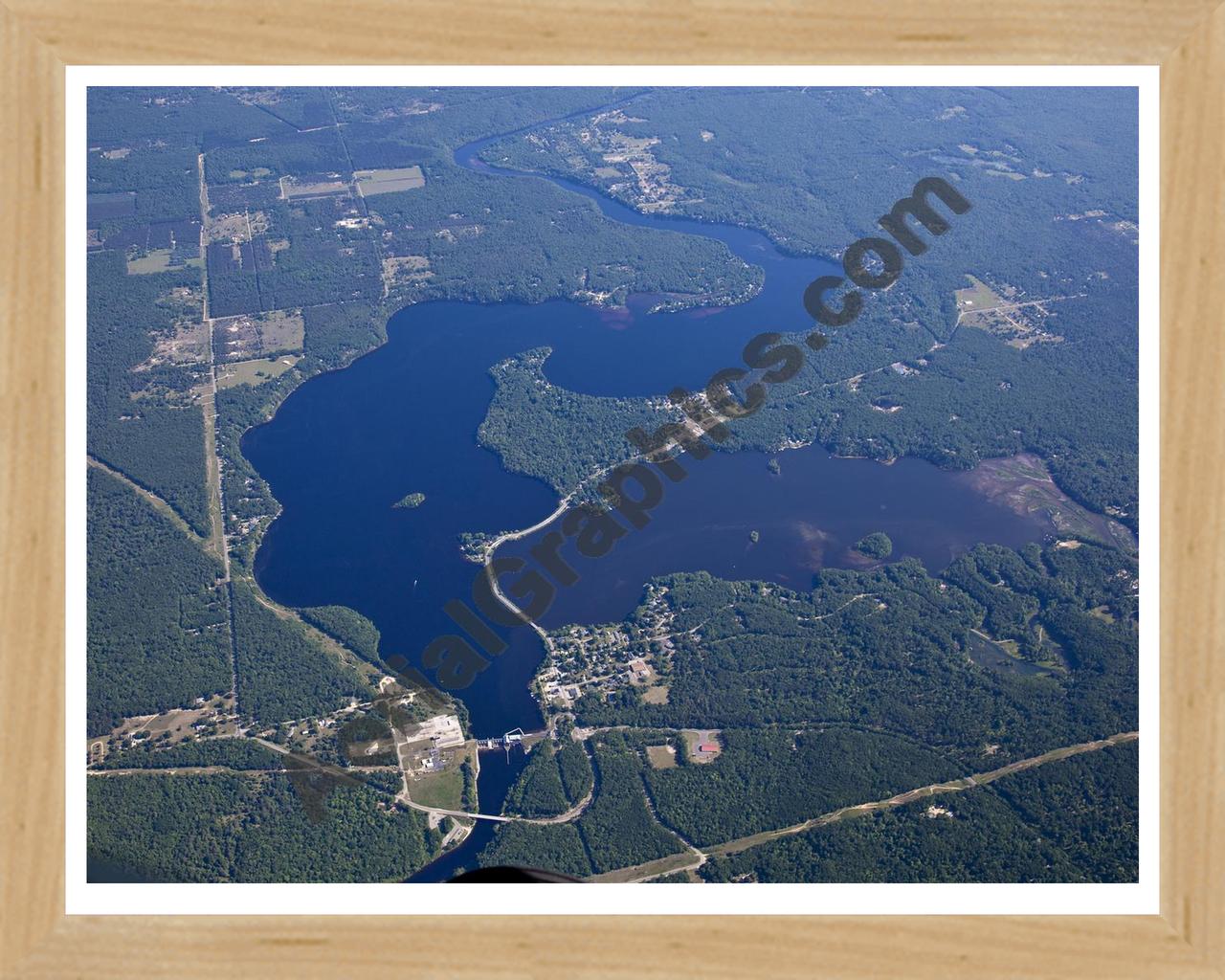 Aerial image of [5502] Croton Dam Pond in Newaygo, MI with Natural Wood frame