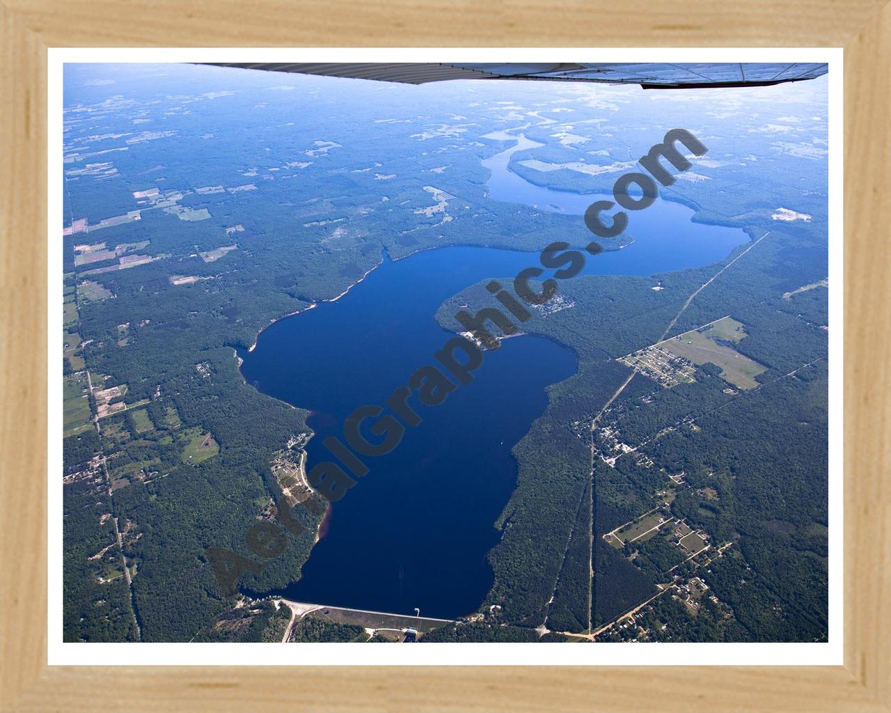 Aerial image of [5504] Hardy Dam Pond in Newaygo, MI with Natural Wood frame