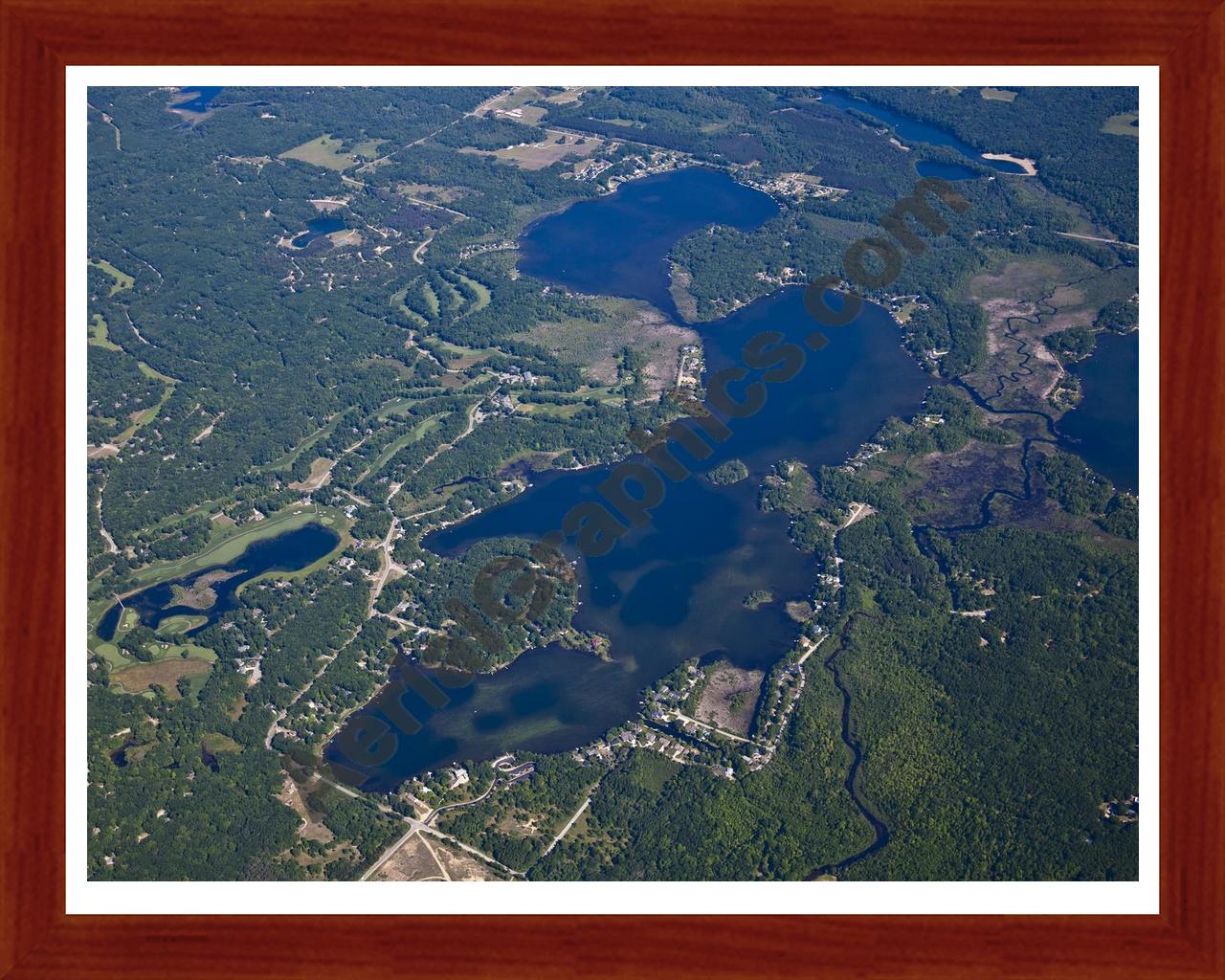 Aerial image of [5506] Lake Mecosta and Round Lake in Mecosta, MI with Cherry Wood frame