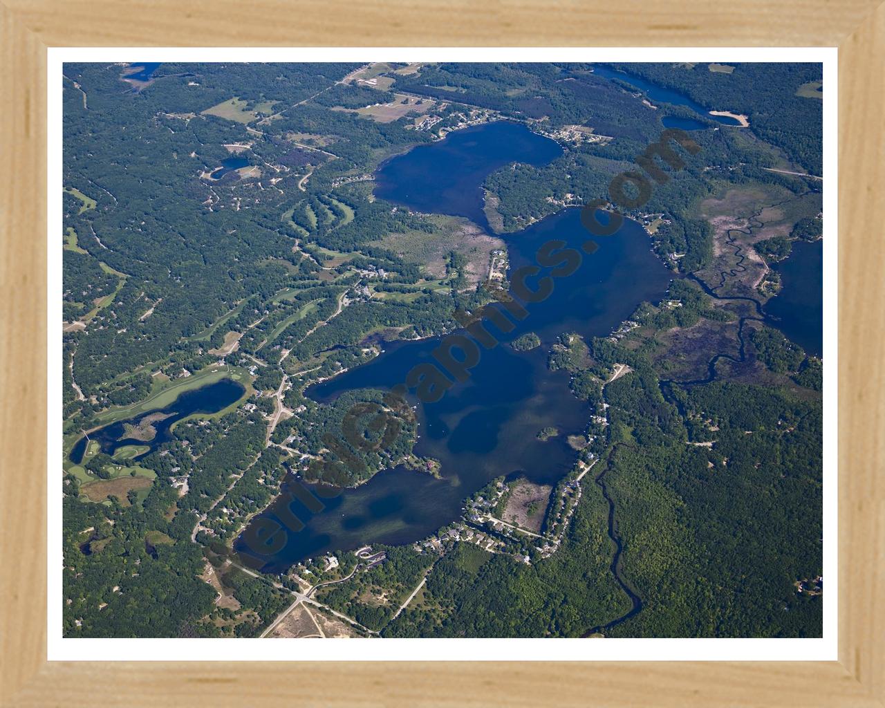 Aerial image of [5506] Lake Mecosta and Round Lake in Mecosta, MI with Natural Wood frame