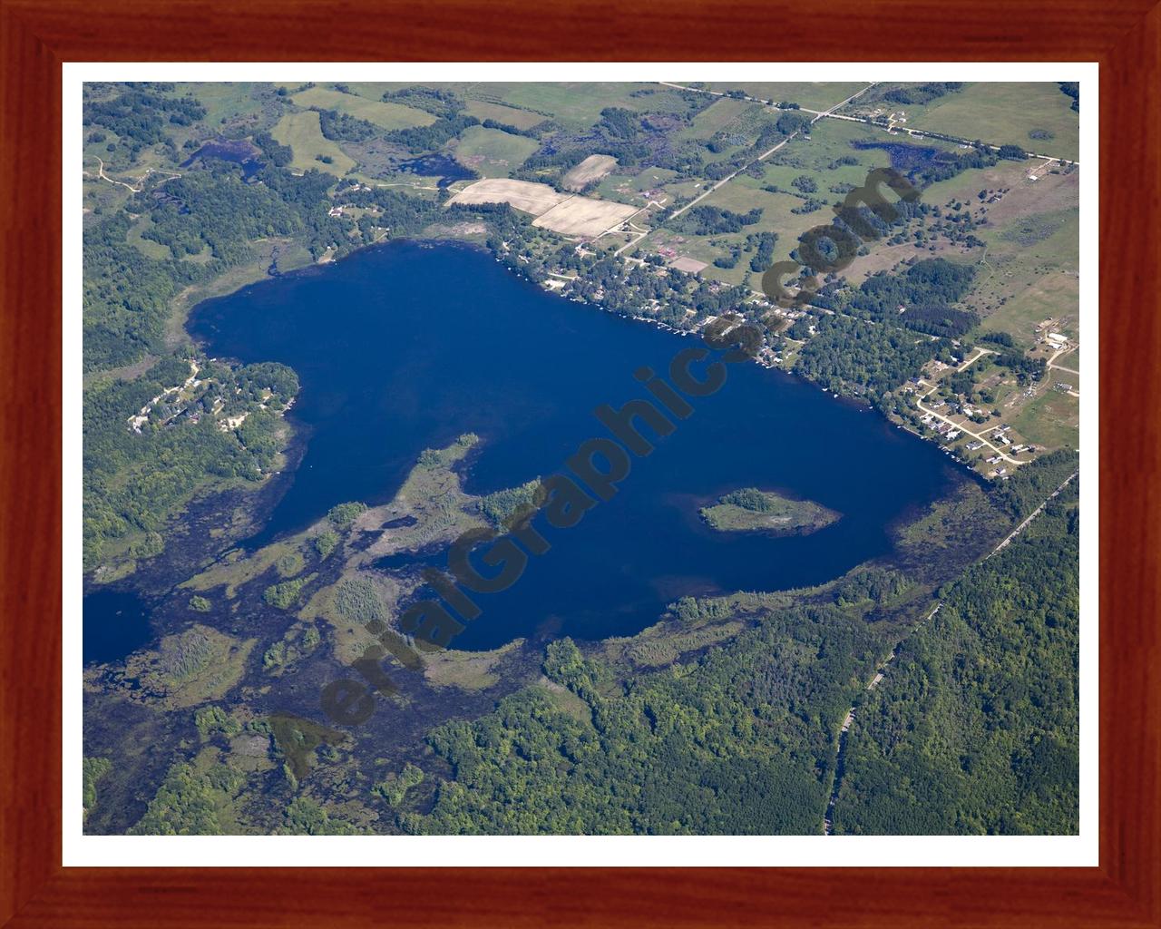 Aerial image of [5509] Jehnsen Lake in Mecosta, MI with Cherry Wood frame