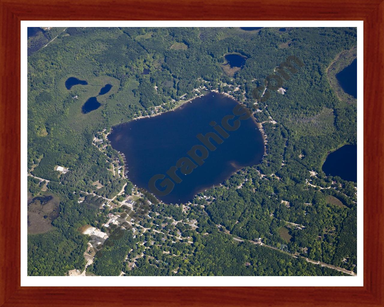 Aerial image of [5510] Pretty Lake in Mecosta, MI with Cherry Wood frame