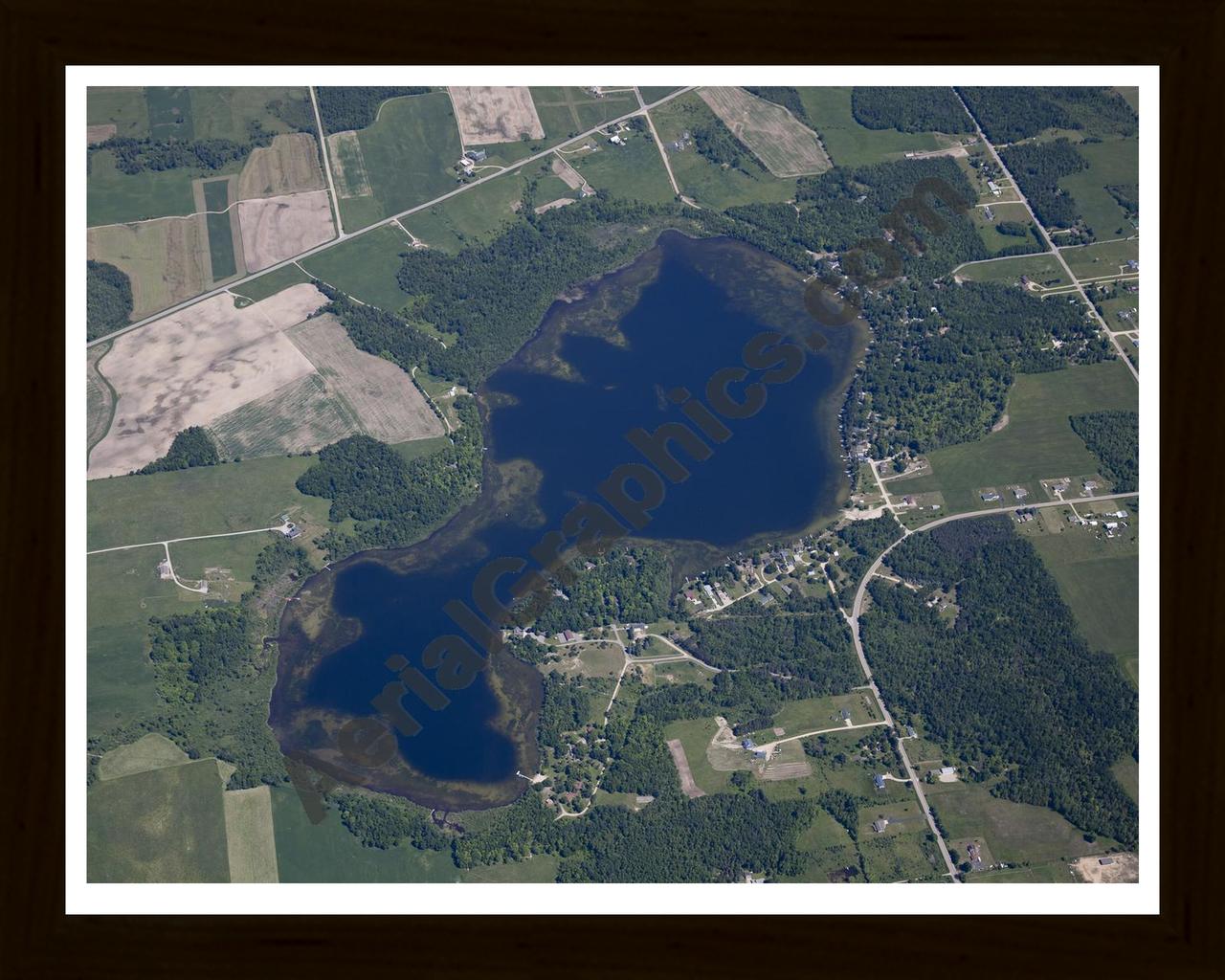 Aerial image of [5524] Peach Lake in Ogemaw, MI with Black Wood frame