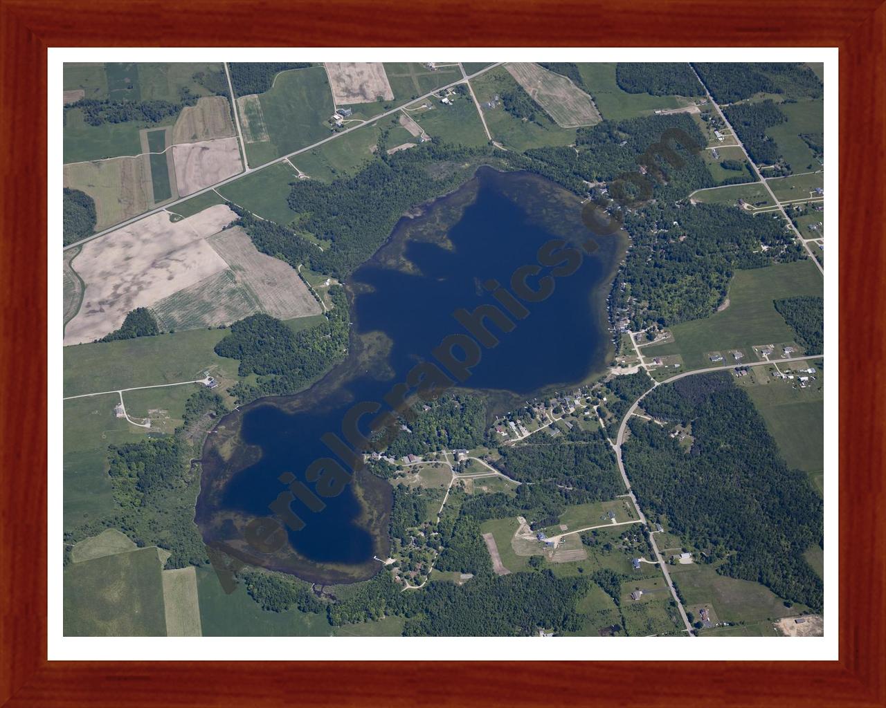 Aerial image of [5524] Peach Lake in Ogemaw, MI with Cherry Wood frame