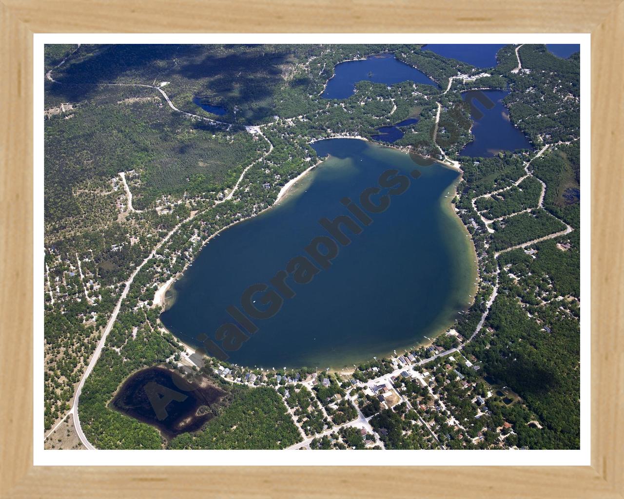 Aerial image of [5537] Sand Lake in Iosco, MI with Natural Wood frame