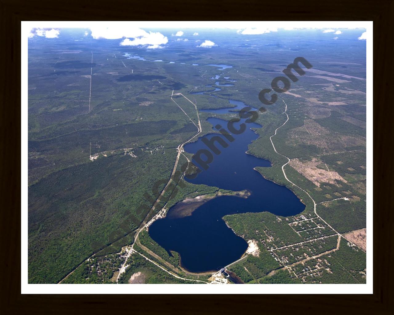 Aerial image of [5544] Foote Dam Pond in Iosco, MI with Black Wood frame