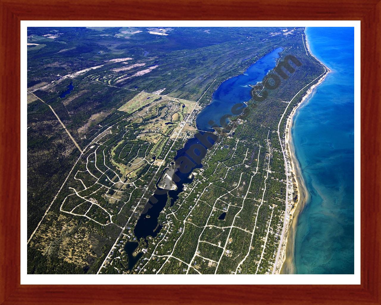 Aerial image of [5546] Cedar Lake (Looking North) in Iosco, MI with Cherry Wood frame