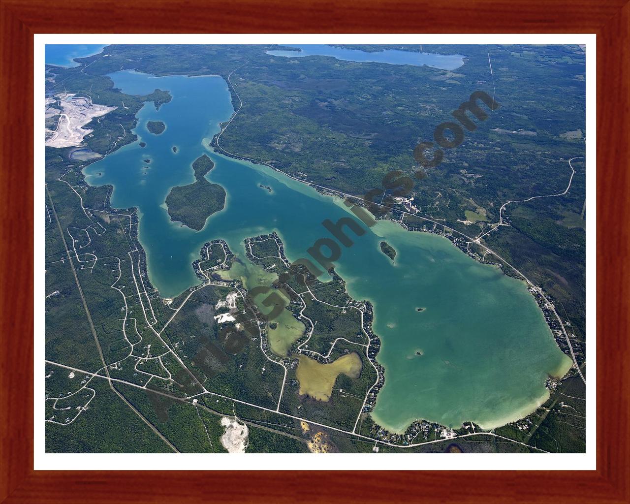 Aerial image of [5555] Grand Lake (Looking South) in Presque Isle, MI with Cherry Wood frame