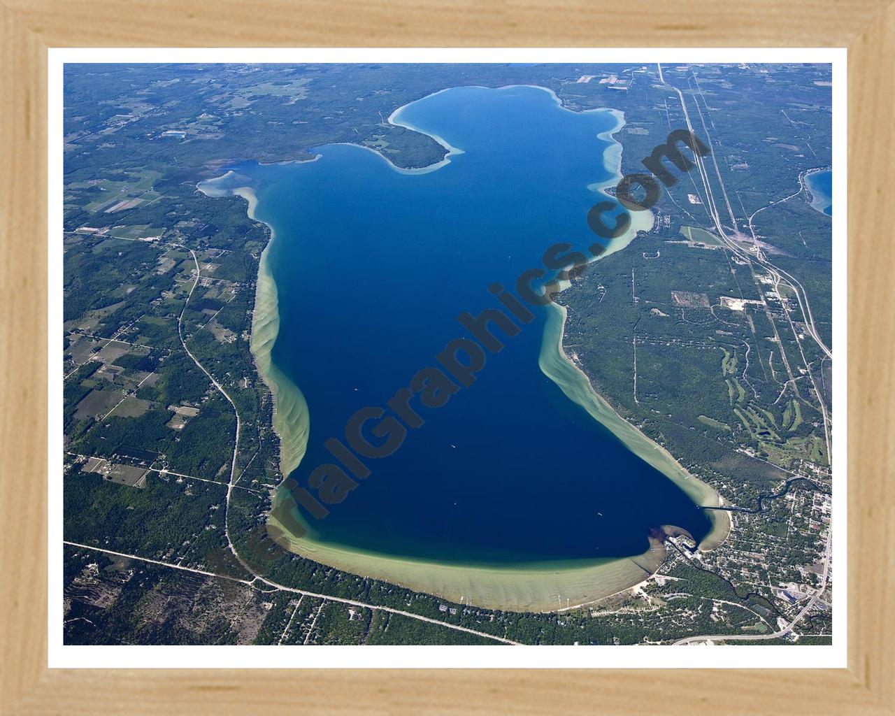 Aerial image of [5558] Burt Lake in Cheboygan, MI with Natural Wood frame