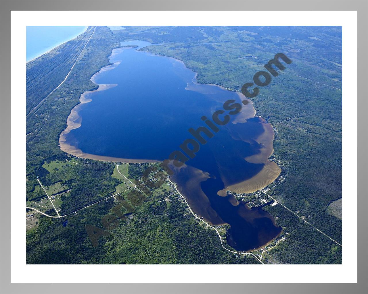 Aerial image of [5563] Brevoort Lake in Mackinac, MI with Silver Metal frame