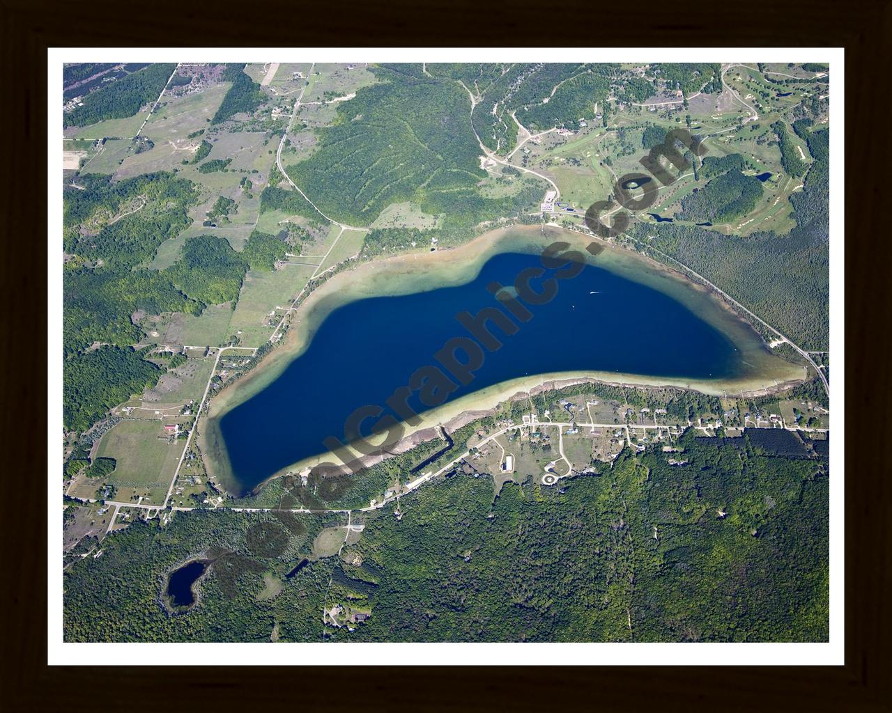 Aerial image of [5567] Deer Lake in Charlevoix, MI with Black Wood frame