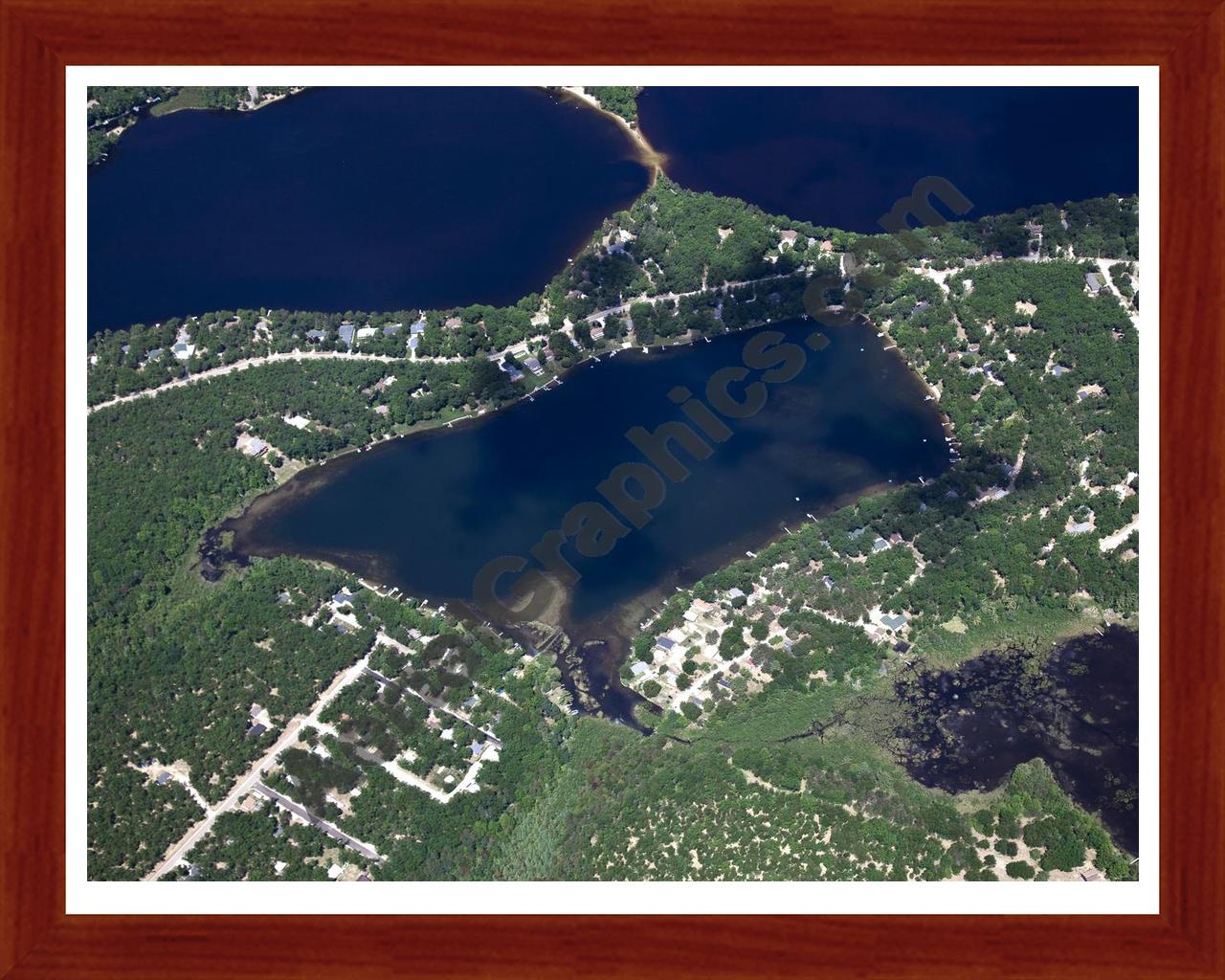 Aerial image of [5579] Bass Lake in Iosco , MI with Cherry Wood frame