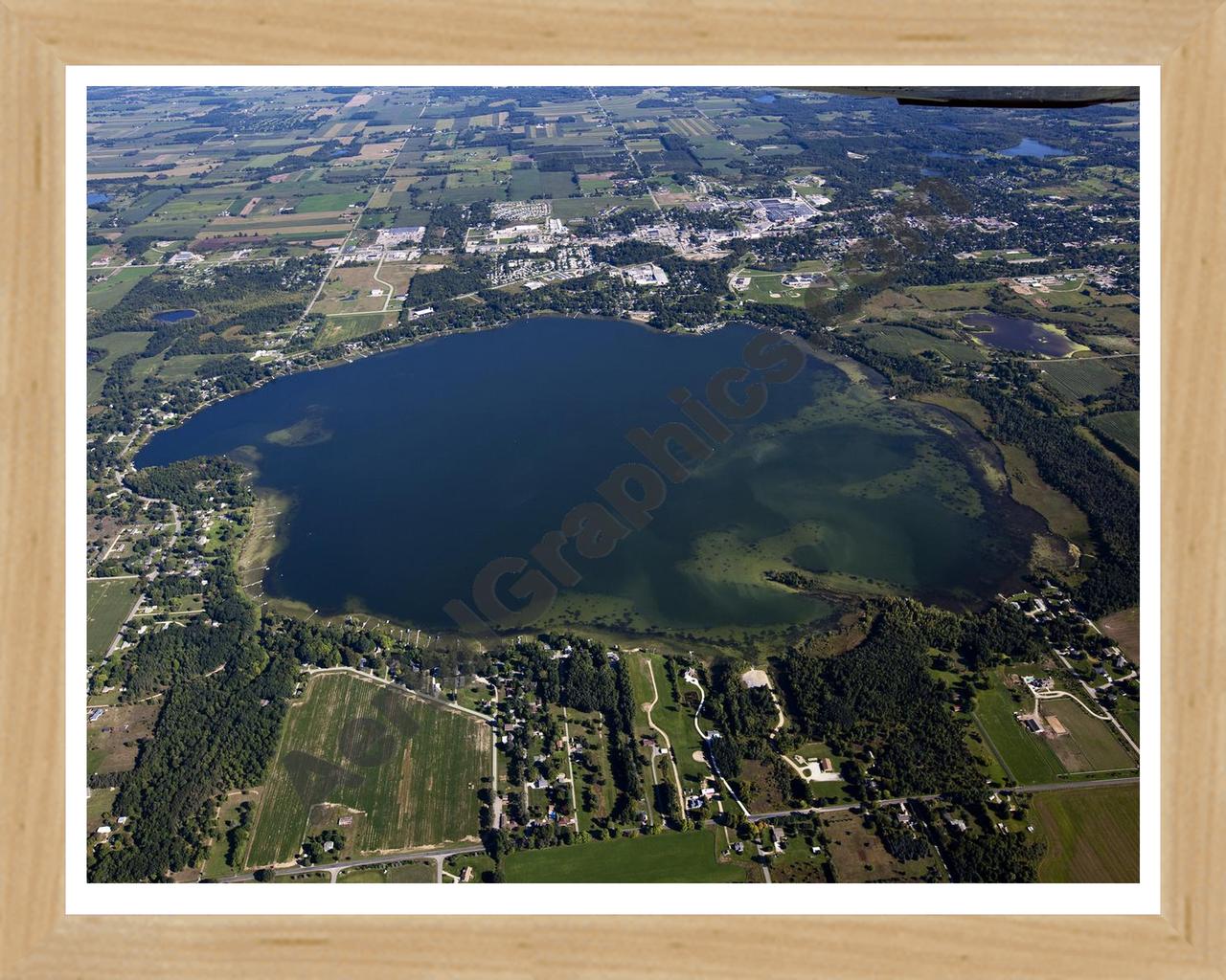 Aerial image of [5580] Fremont Lake in Newaygo, MI with Natural Wood frame