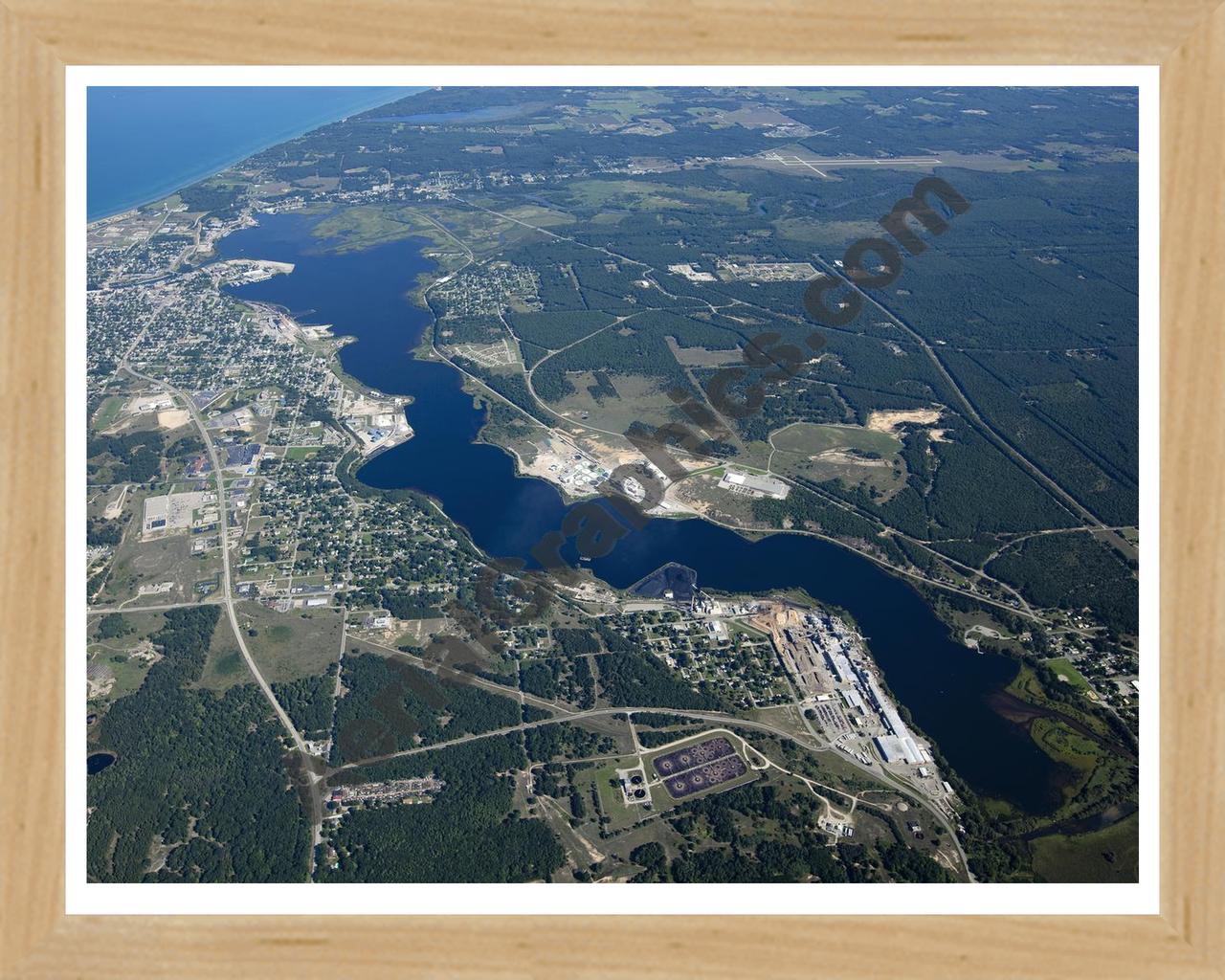 Aerial image of [5588] Manistee Lake in Manistee, MI with Natural Wood frame