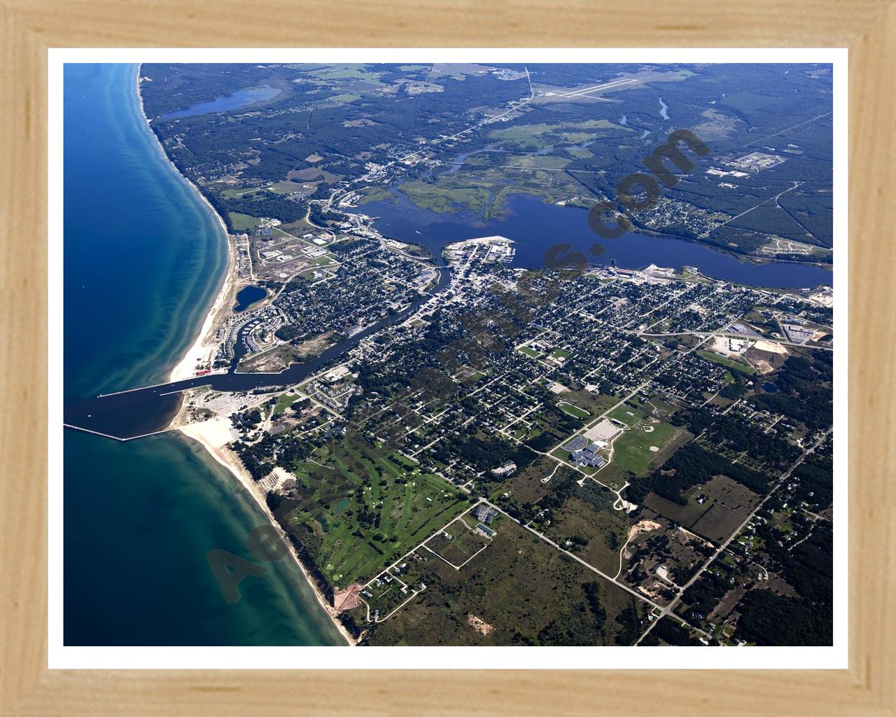 Aerial image of [5589] Manistee Lake in Manistee, MI with Natural Wood frame