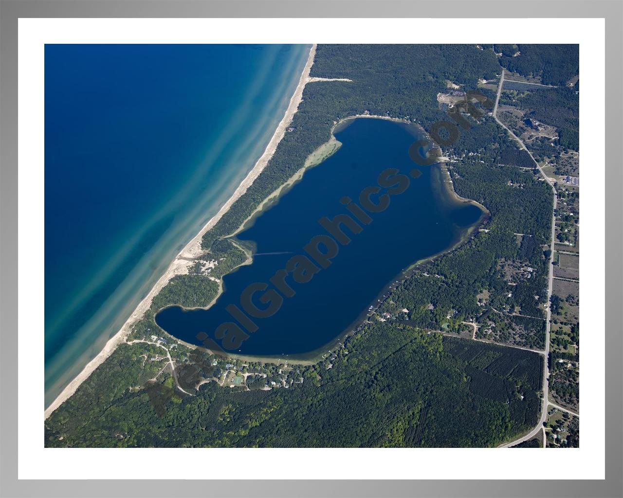 Aerial image of [5593] Lower Herring Lake in Benzie, MI with Silver Metal frame