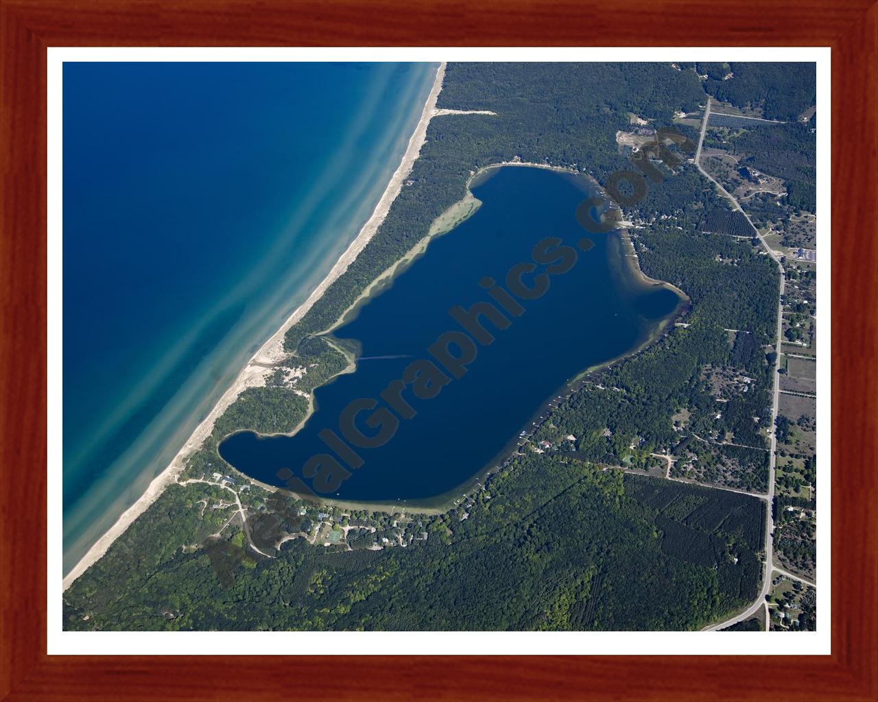 Aerial image of [5593] Lower Herring Lake in Benzie, MI with Cherry Wood frame