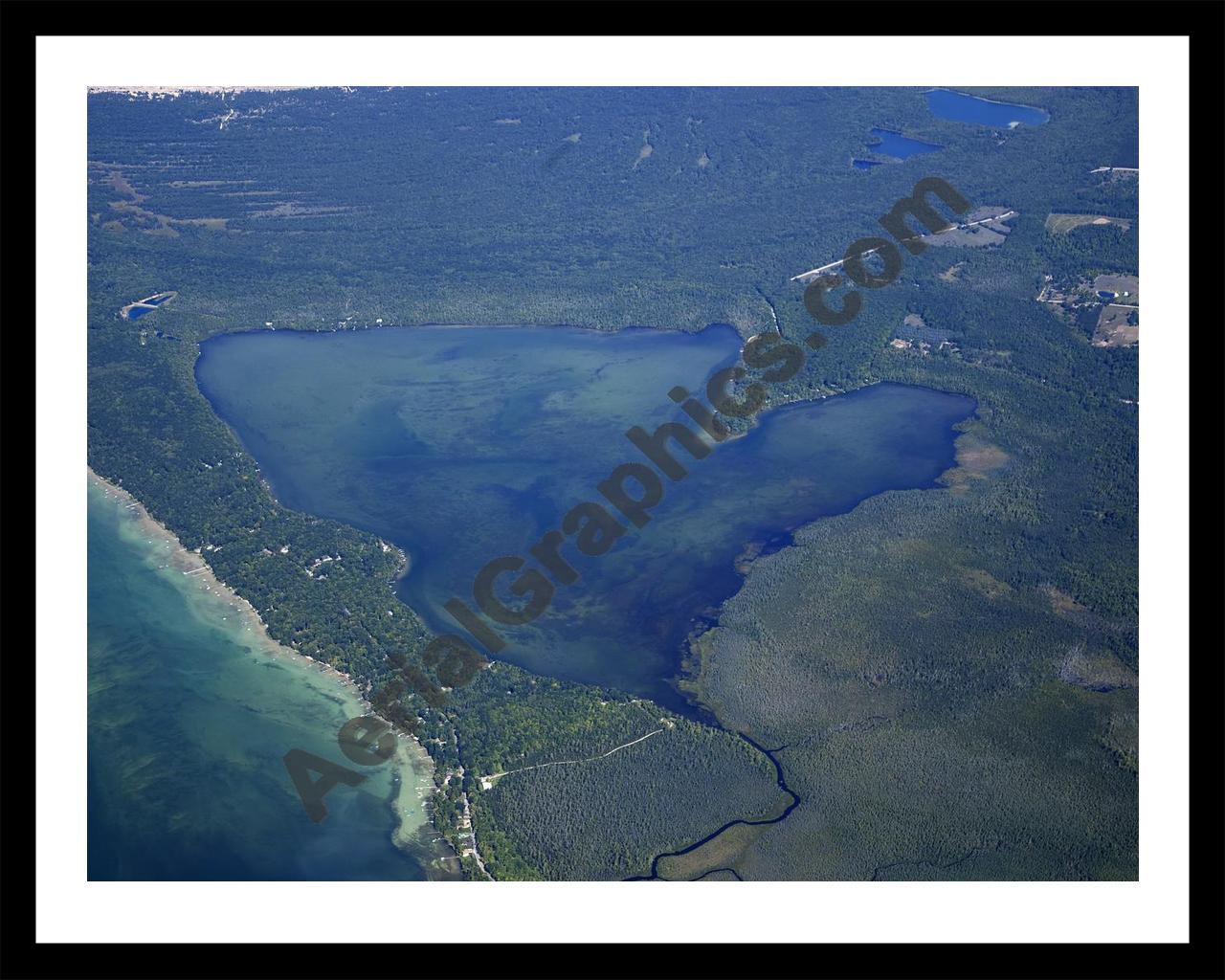 Aerial image of [5597] Little Platte Lake in Benzie, MI with Black Metal frame