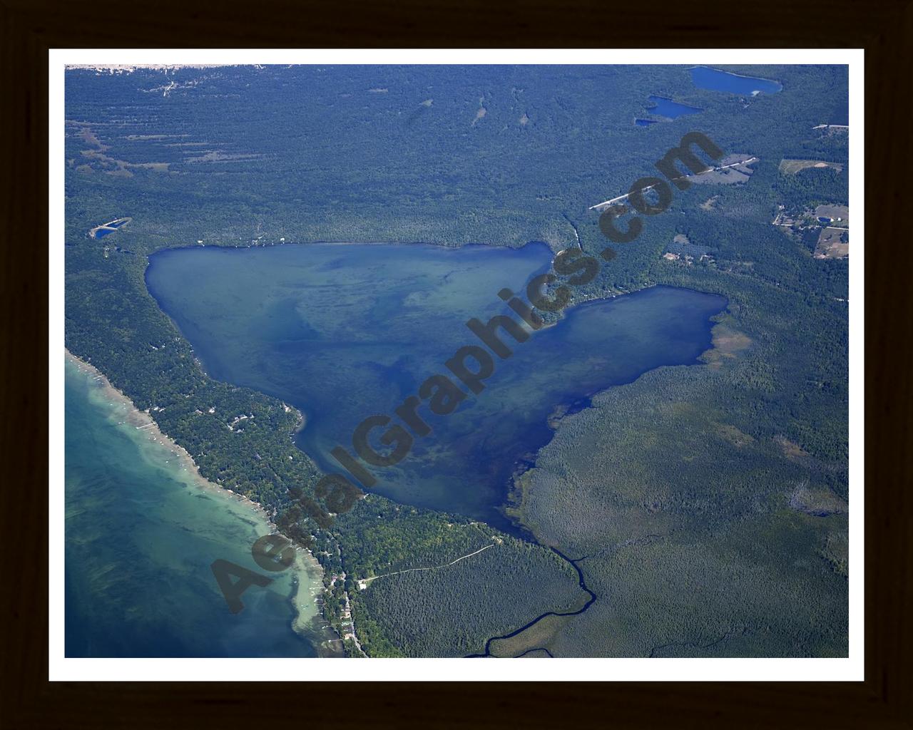 Aerial image of [5597] Little Platte Lake in Benzie, MI with Black Wood frame