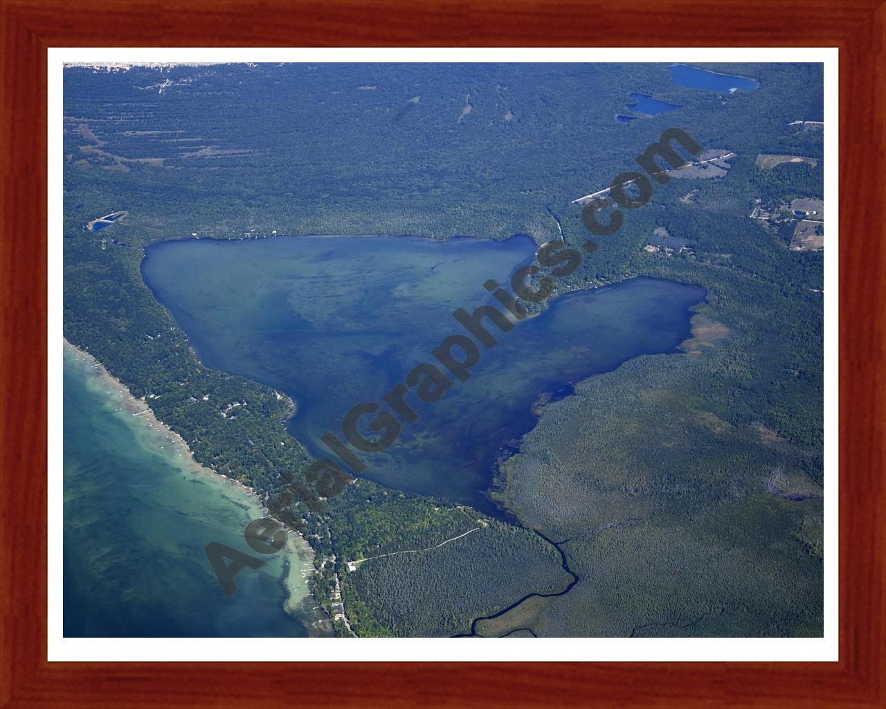 Aerial image of [5597] Little Platte Lake in Benzie, MI with Cherry Wood frame