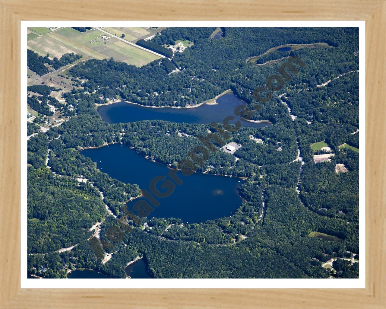 Aerial image of [5602] High Lake & Tibbets Lake in Grand Traverse, MI with Natural Wood frame