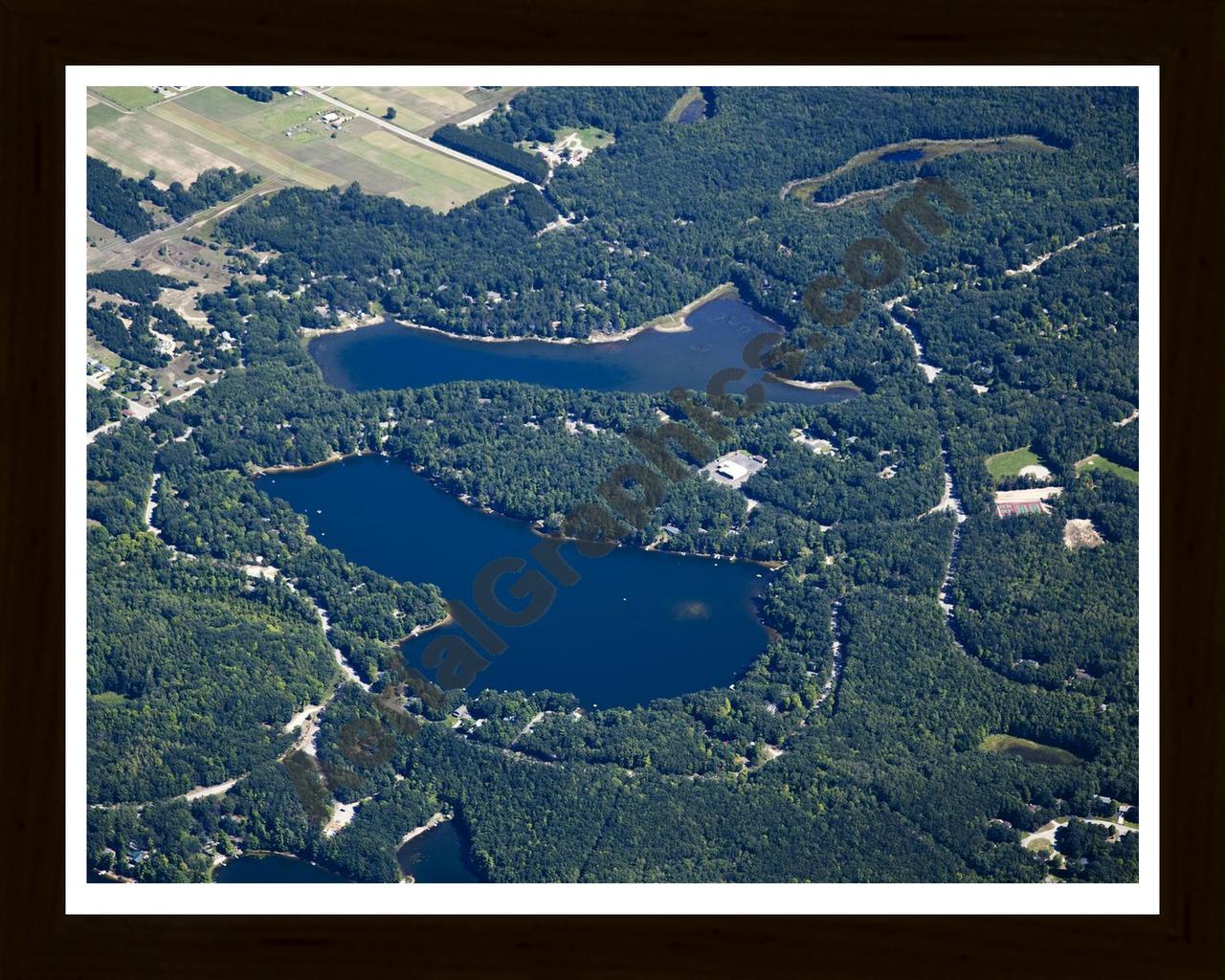 Aerial image of [5602] High Lake & Tibbets Lake in Grand Traverse, MI with Black Wood frame