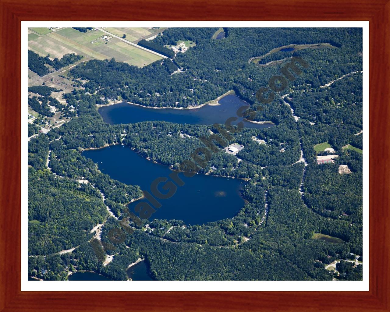 Aerial image of [5602] High Lake & Tibbets Lake in Grand Traverse, MI with Cherry Wood frame