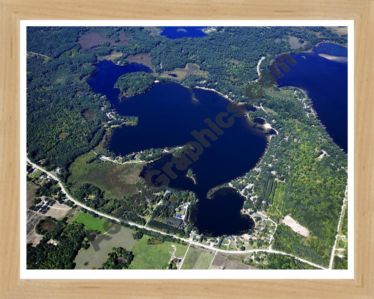 Aerial image of [5609] Lake Sapphire in Missaukee, MI with Natural Wood frame