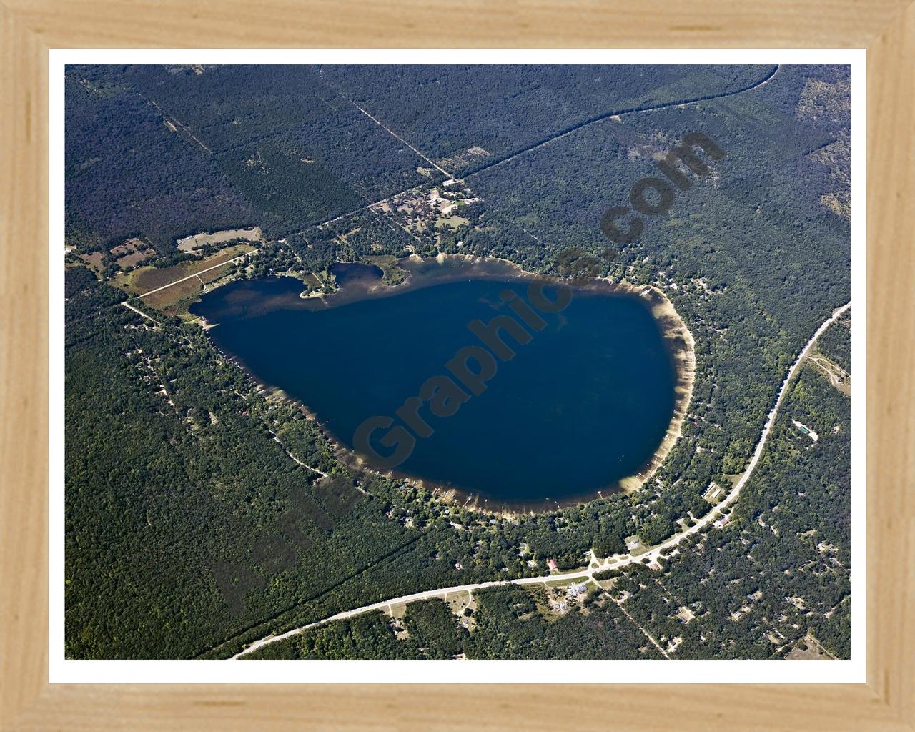 Aerial image of [5613] Wolf Lake in Lake, MI with Natural Wood frame