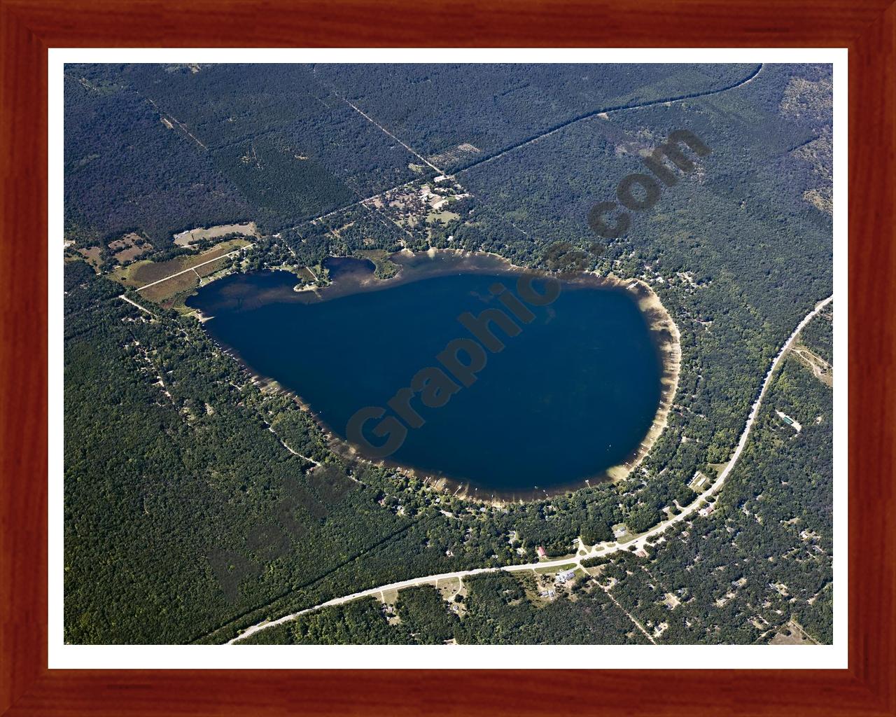 Aerial image of [5613] Wolf Lake in Lake, MI with Cherry Wood frame