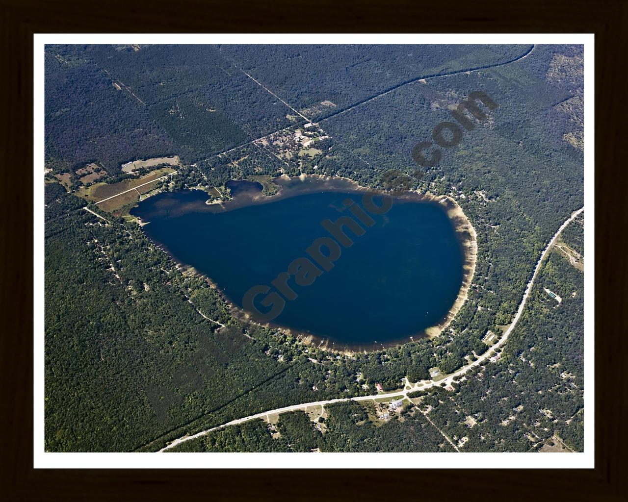 Aerial image of [5613] Wolf Lake in Lake, MI with Black Wood frame