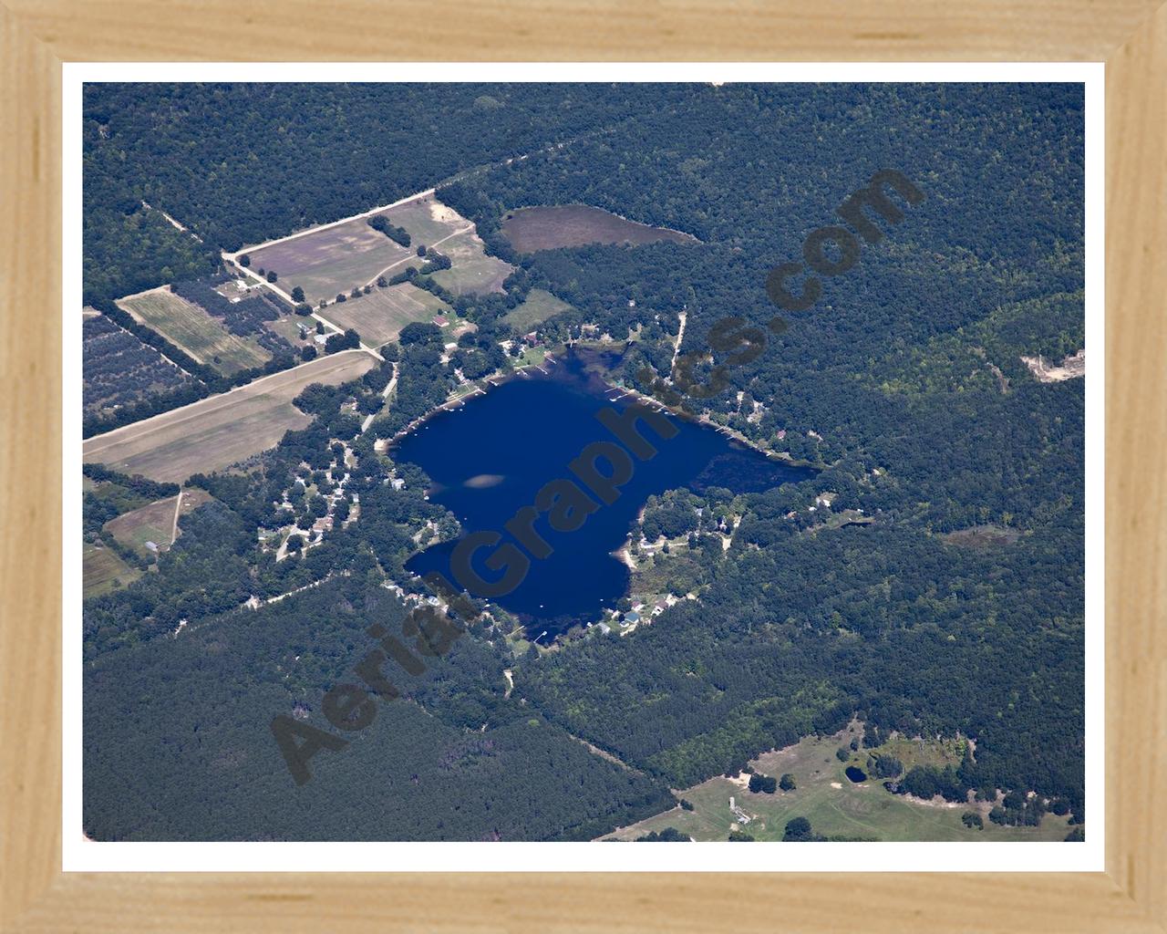 Aerial image of [5616] Pettibone Lake in Newaygo, MI with Natural Wood frame