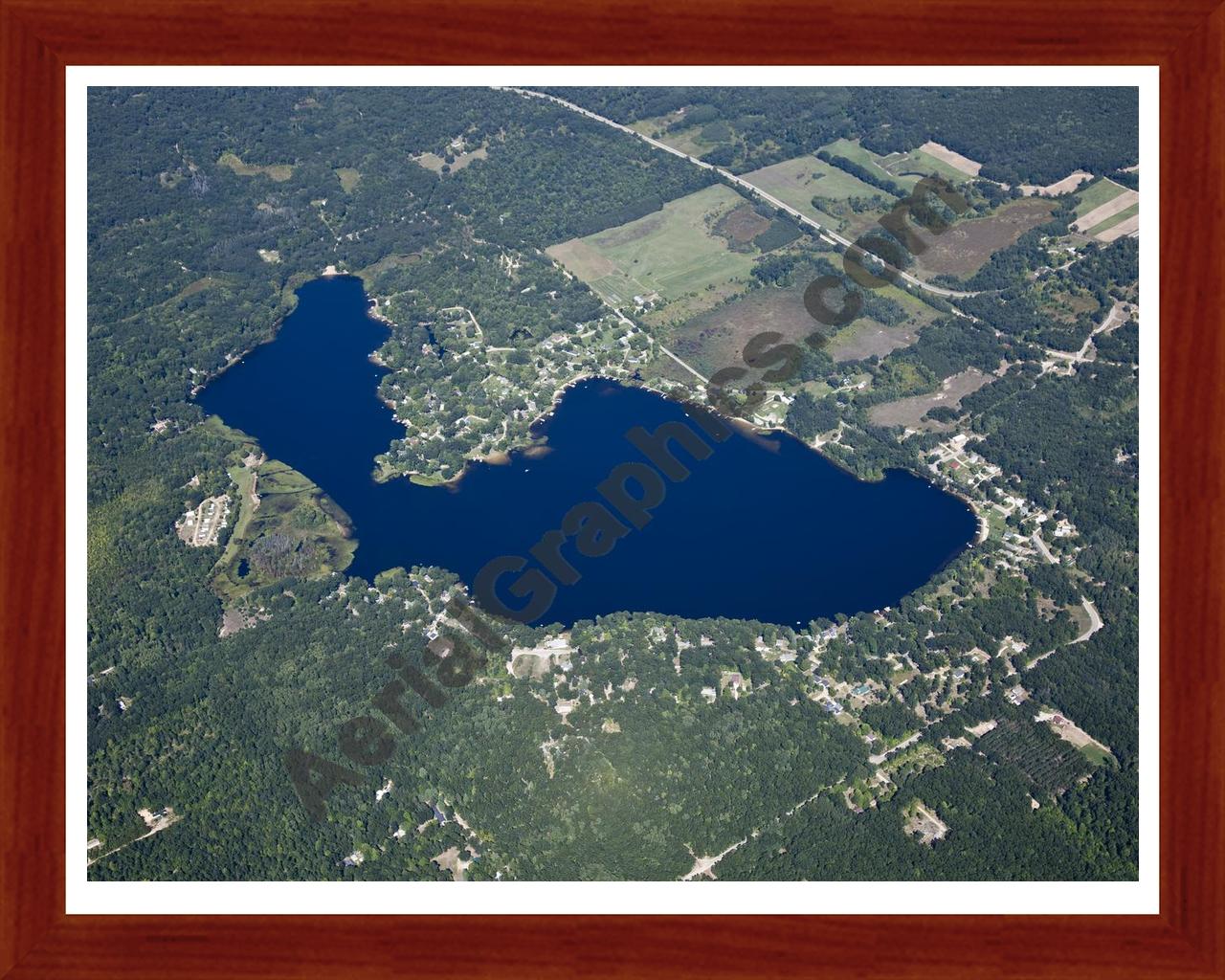 Aerial image of [5618] Diamond Lake in Newaygo, MI with Cherry Wood frame