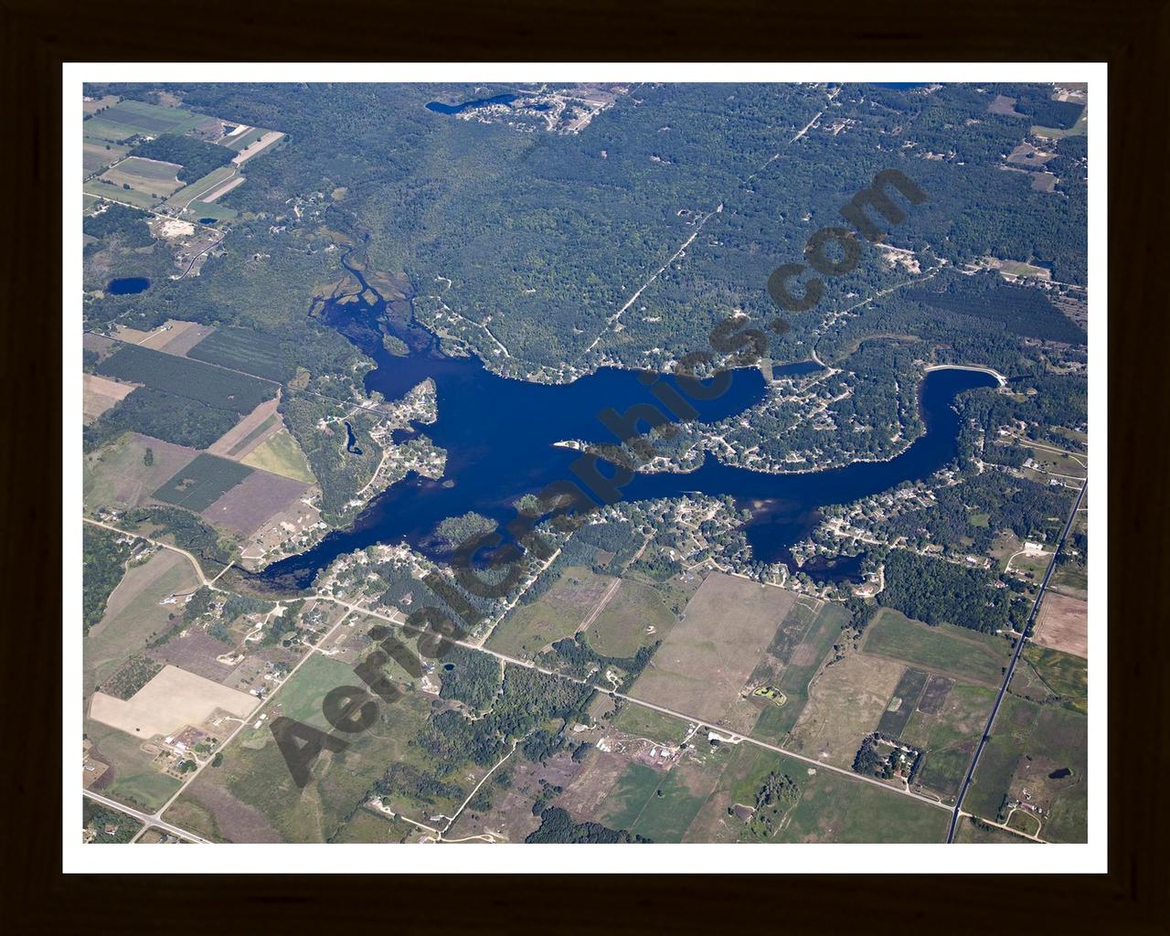 Aerial image of [5631] Wiggins Lake in Gladwin, MI with Black Wood frame