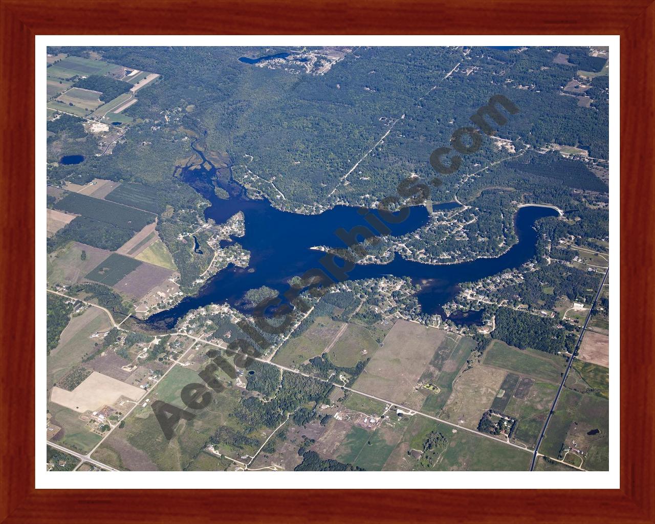 Aerial image of [5631] Wiggins Lake in Gladwin, MI with Cherry Wood frame