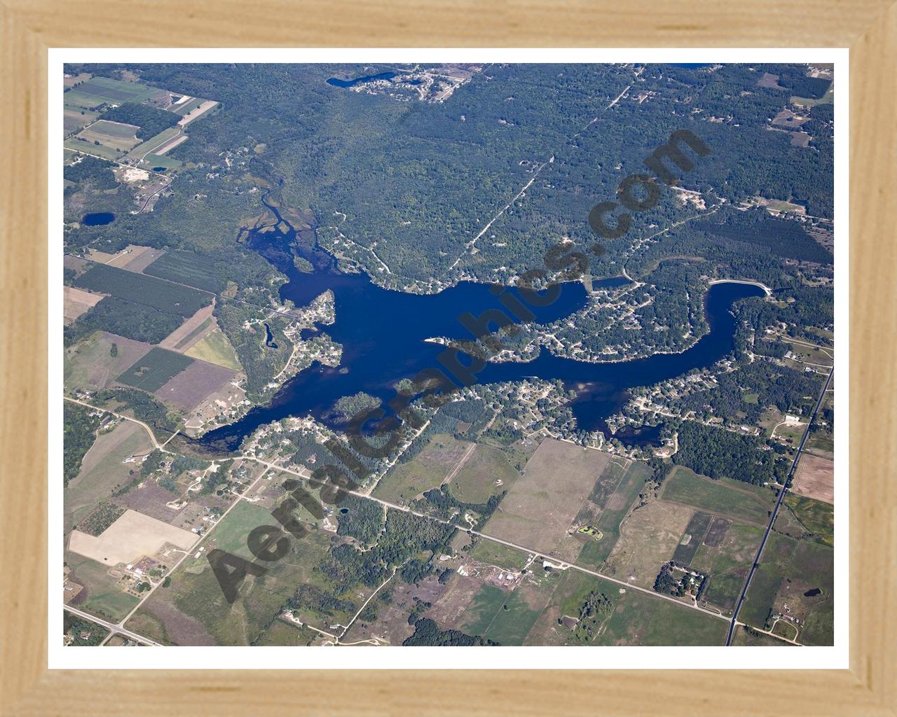 Aerial image of [5631] Wiggins Lake in Gladwin, MI with Natural Wood frame