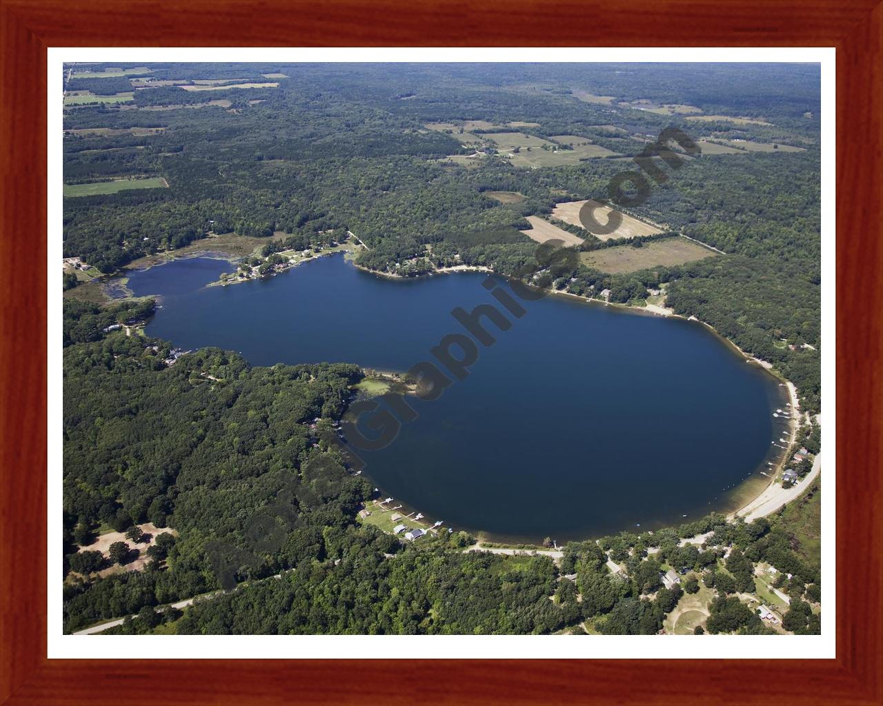 Aerial image of [5636] School Section Lake in Oceana, MI with Cherry Wood frame