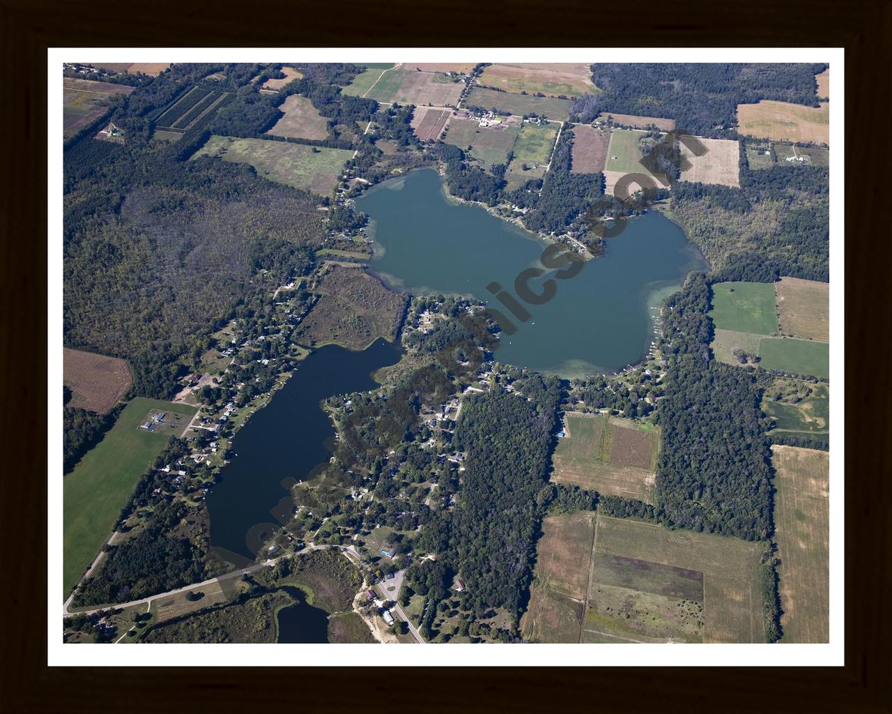 Aerial image of [5638] Hemlock Lake & Carpenter Lake in Hillsdale, MI with Black Wood frame