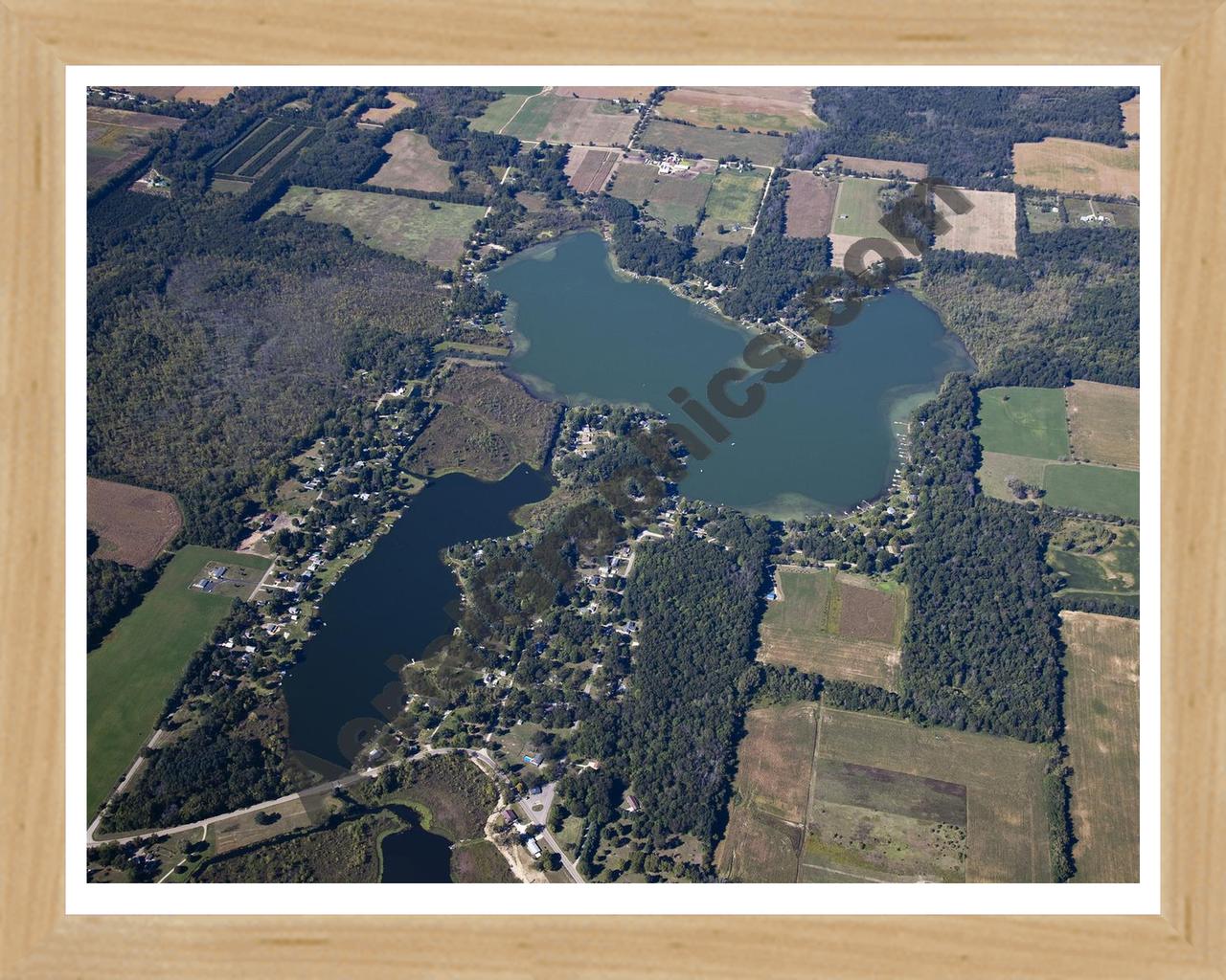 Aerial image of [5638] Hemlock Lake & Carpenter Lake in Hillsdale, MI with Natural Wood frame